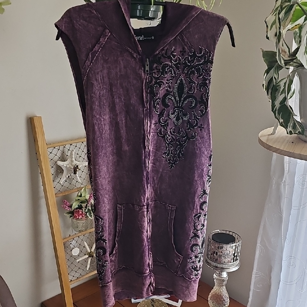Acid Washed Purple Rhinestone Sleeveless Hoodie
